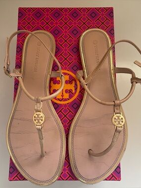 Tory Burch Tan Emmy Flat Leather Logo T-Strap Sandals with Gold Medallions